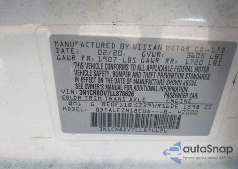 2020 Nissan Versa S Xtronic Cvt из США, поврежденный, VIN 3N1CN8DV7LL876626